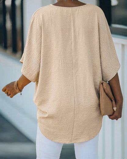 Overlap V Neck Batwing Sleeve High-Low Hem Blouse Casual Ruched Loose Fit Minimalist Top