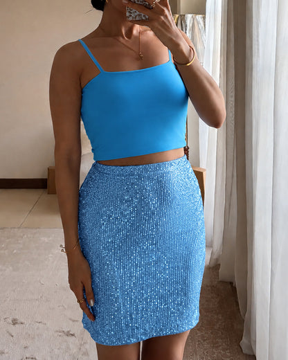 Women's 3 Piece Sequin Set Asymmetrical Poncho Top and High Waist Bodycon Skirt with Crop Cami Top