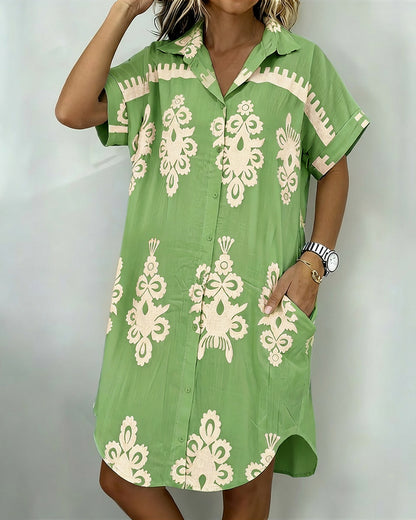 Vintage Baroque Placement Print Turn-down Collar Rolled Cuffs Button Down Shirt Dress Casual Curved Hem Vacation Dress with Pockets