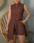 2 Pieces Outfit Stand Collar Sleeveless Button Front Side Slit Asymmetrical Hem Top and Drawstring Elastic Waist Shorts Set Casual Commuting Set
