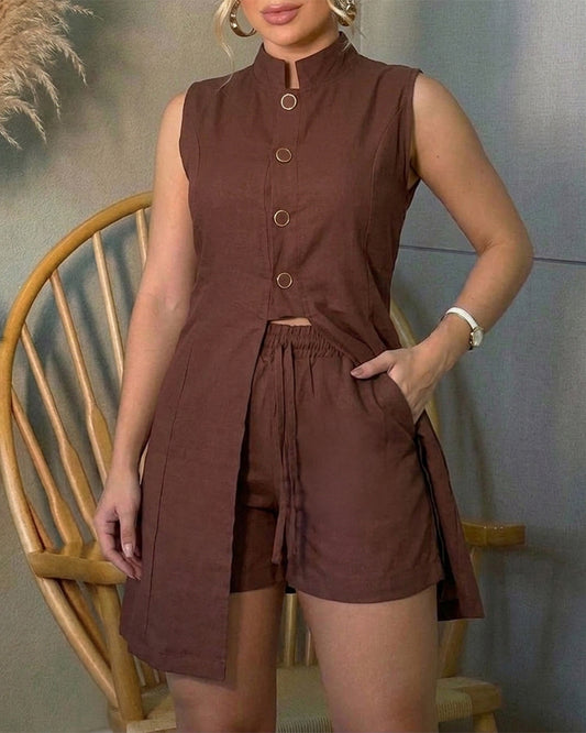 2 Pieces Outfit Stand Collar Sleeveless Button Front Side Slit Asymmetrical Hem Top and Drawstring Elastic Waist Shorts Set Casual Commuting Set