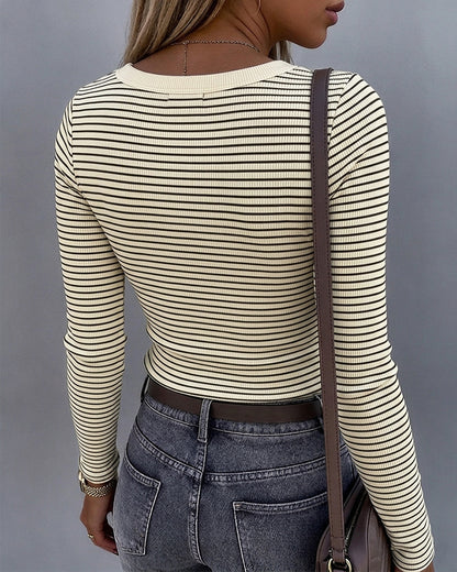 Women's Striped U-Neck Long Sleeve Slim Fit Ribbed Knit Top Casual Layering Top