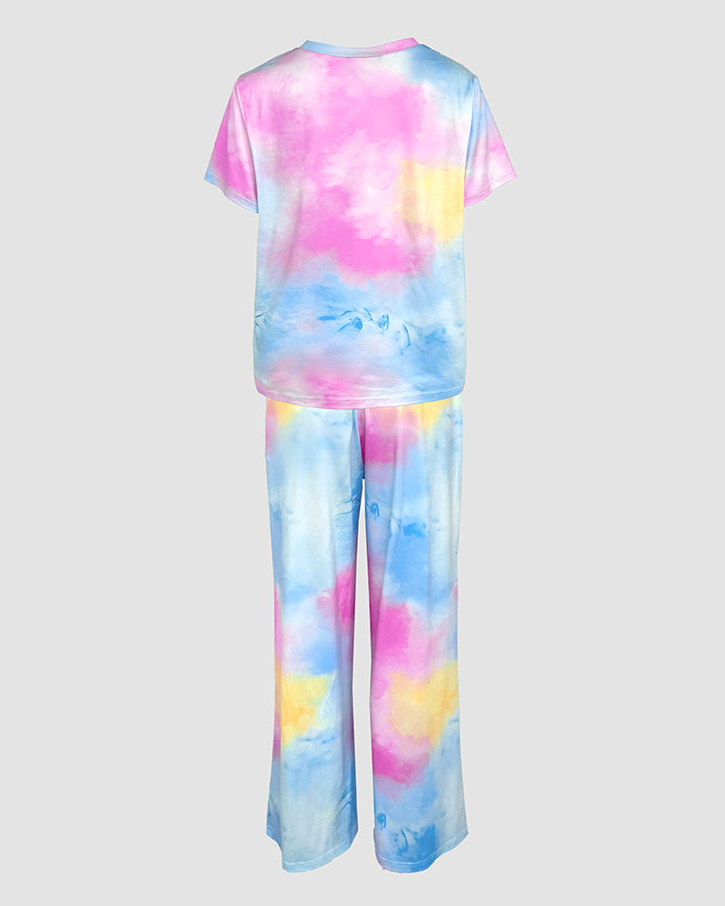 2 Pieces Outfit Tie Dye Print Short Sleeve Top and Elastic Waist Loose Fit Pants Set Casual Pajamas Set