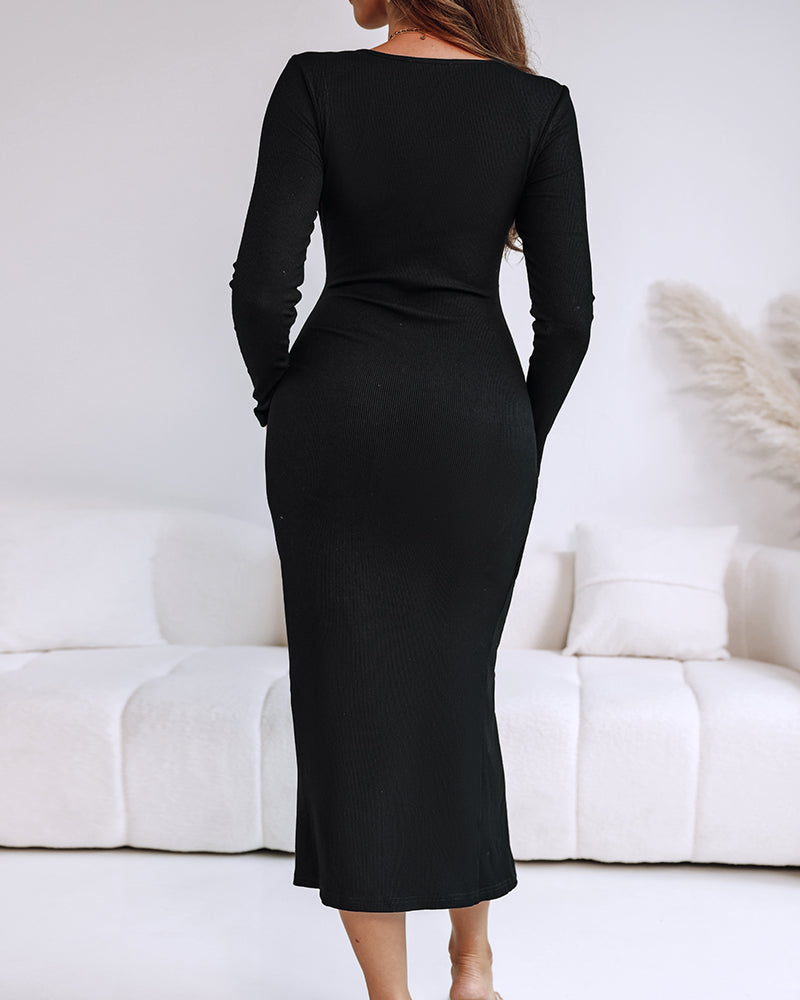 Metal Ring Decor Wrapped Slit Ribbed Commuting Dress Cinched Waist Slim Fit Mid-Length Dress