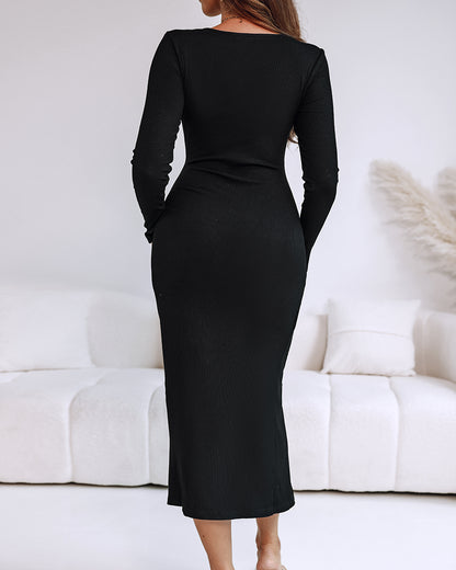 Metal Ring Decor Wrapped Slit Ribbed Commuting Dress Cinched Waist Slim Fit Mid-Length Dress