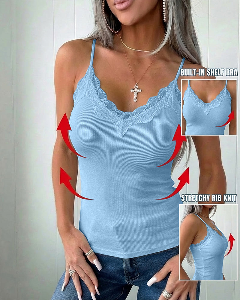 French Style V-Neck Spaghetti Straps Lace Spliced Top Slim Fit Ribbed Cami Top with Built-In Bra