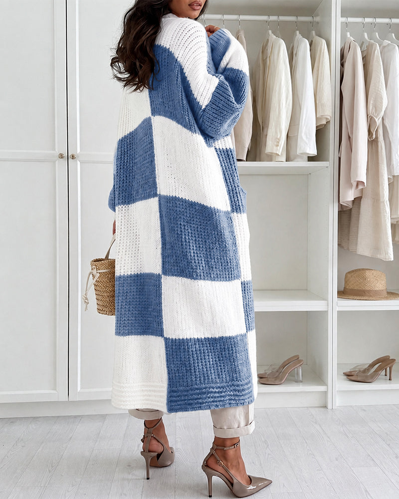 Women's Checkerboard Knit Cardigan Oversized Long Chunky Sweater Loose Lantern Sleeve Coat with Pockets