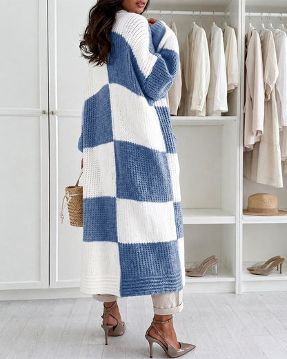 Women's Checkerboard Knit Cardigan Oversized Long Chunky Sweater Loose Lantern Sleeve Coat with Pockets