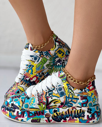 Cartoon Print Lace-up Casual Sneakers