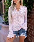 Women's V Neck Floral Lace Top Long Sleeve Flare Cuff Sheer Slim Fit Blouse