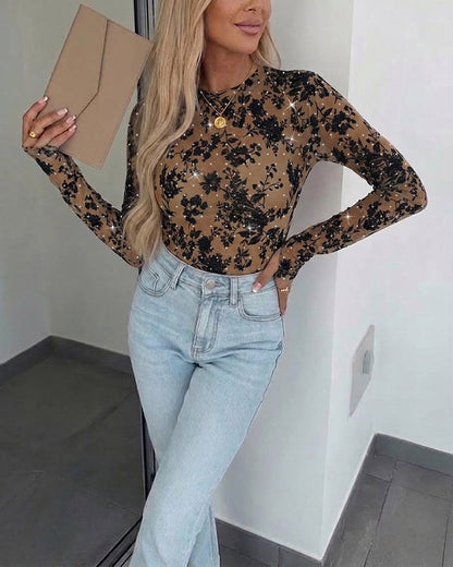 Women's Rhinestone Flocking Floral Sheer Mesh Top Fitted Long Sleeve Tee with Thumb Holes