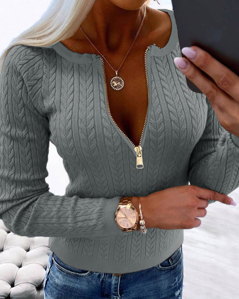 Crewneck Half Zipper Cable Textured Knit Sweater Slim Fit Pullover Top