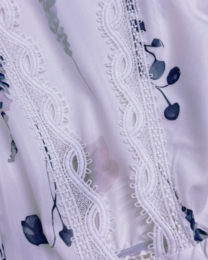 Floral Print Deep V-Neck Lantern Sleeve Casual Contrast Lace Tied Detail Blouse