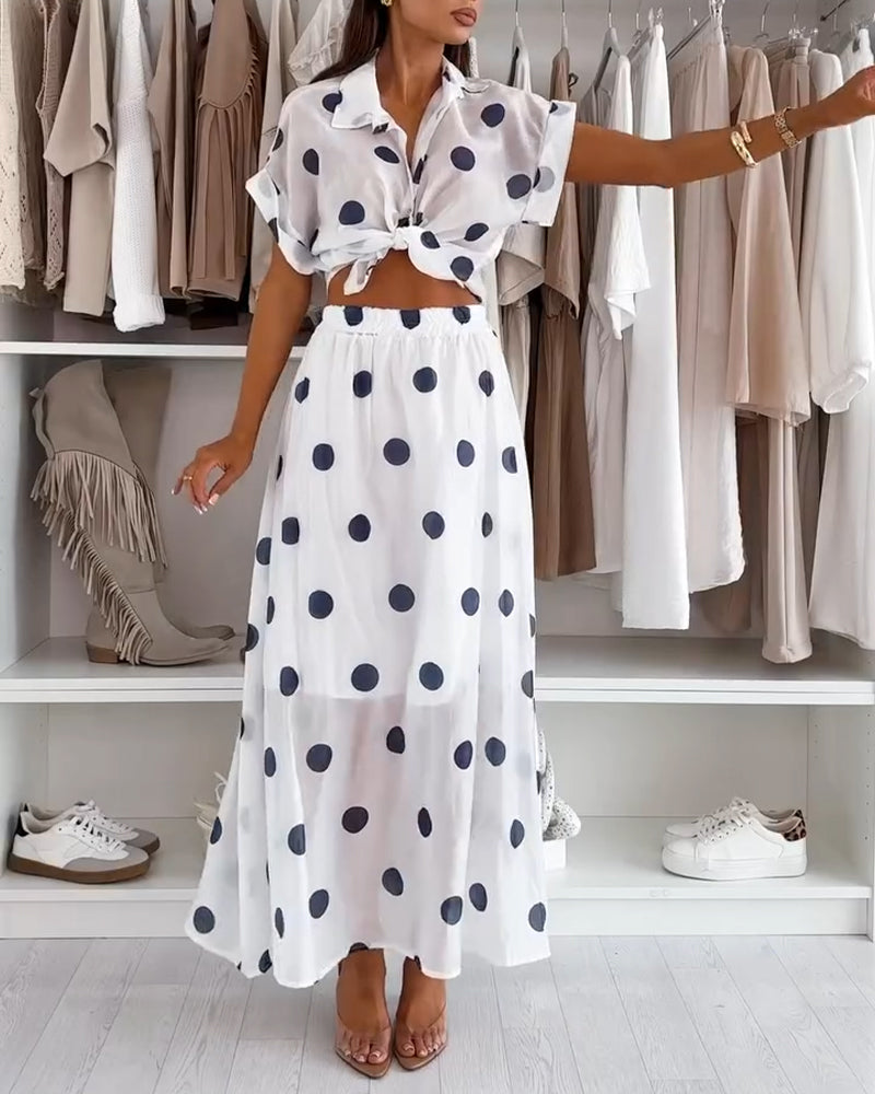 2 Pieces Outfit Turn-down Collar Short Sleeve Rolled Cuffs Button Front Shirt and Elastic Waist Skirt Set Casual Polka Dot Print Set with Lining