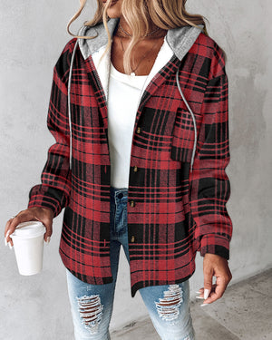 Chaqueta cálida con capucha, bolsillos, cordón, estampado de cuadros, botones delanteros, bajo asimétrico y forro térmico
