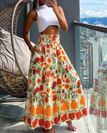 Women's Tropical Parrot Floral Maxi Skirt Shirred High Waist Ruffle Boho Skirt Flowy A-Line Skirt with Pocket
