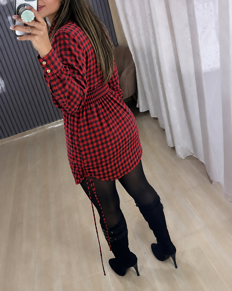 Women's Vintage Plaid Drawstring Long Sleeve Casual Dress Shirred Button Down Shirt Dress