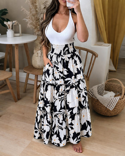 Women's Vintage Floral Shirred High Waisted Maxi Skirt Ruffle A Line Flowy Vacation Skirt with Pockets