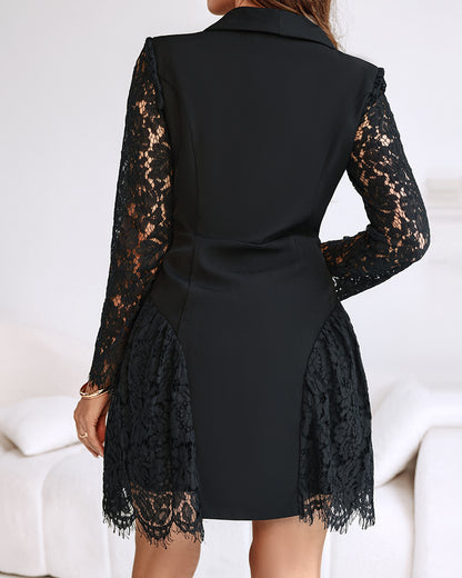 Shawl Collar Long Sleeve Eyelash Lace Spliced Single Breasted Mini Dress Casual Cinched Waist Peplum Hem A Line Blazer Dress