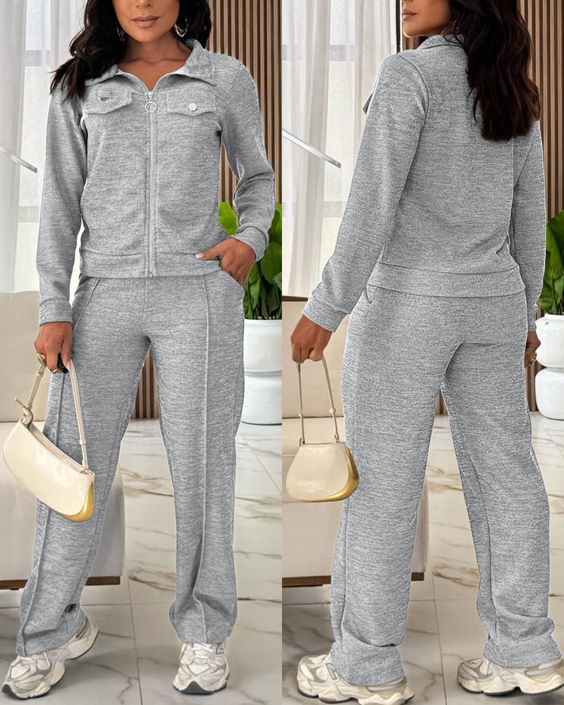Women's Casual Tracksuit Set Zip Up Long Sleeve Lapel Jacket and High Waisted Straight Leg Pants Lounge Set with Pockets
