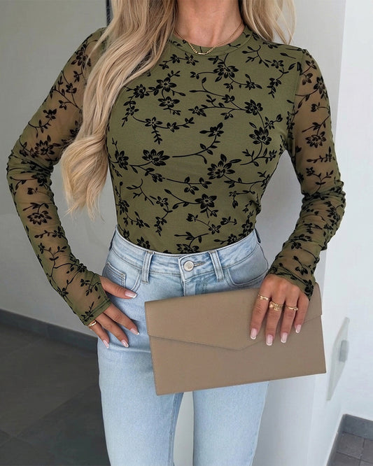 Women's Floral Flock Pattern Sheer Mesh Crew Neck Lined Top with Thumbholes