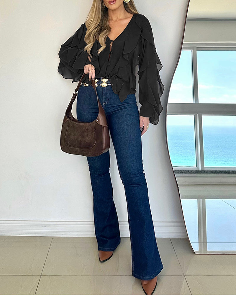V Neck Shoulder Ruffles Design Blouse Casual Button Front Long Sleeve Top
