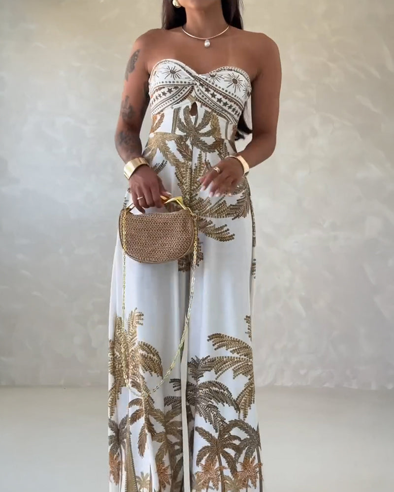 Palm Tree Print Bandeau Twist Front Backless Tie Back Overalls Casual Hollow-out Front Wide Leg Jumpsuit