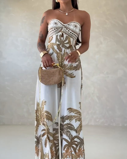 Palm Tree Print Bandeau Twist Front Backless Tie Back Overalls Casual Hollow-out Front Wide Leg Jumpsuit