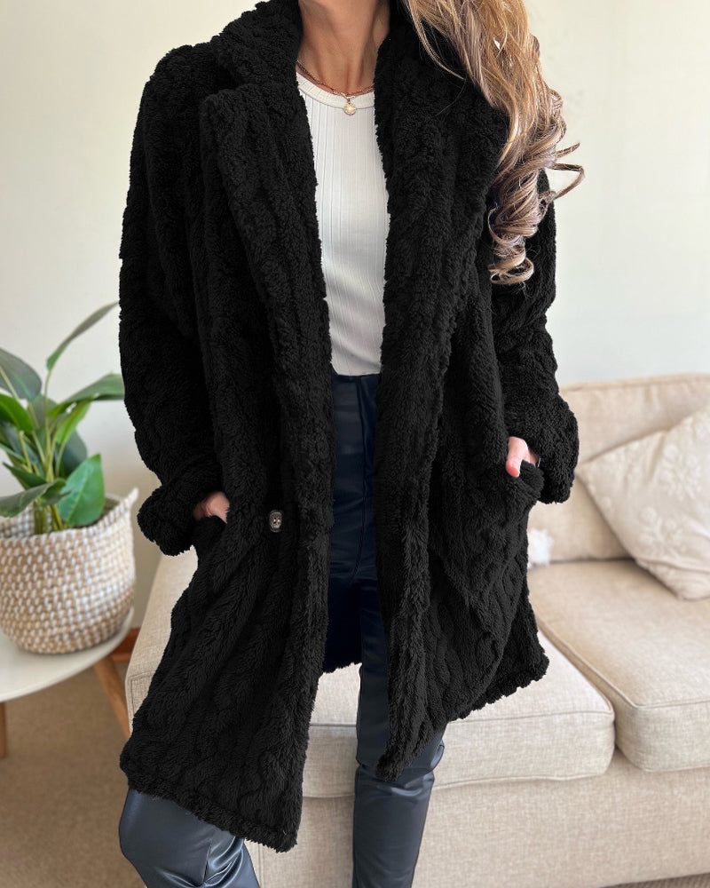 Cable Textured Lapel Neck Button Front Pocket Design Thermal Teddy Coat