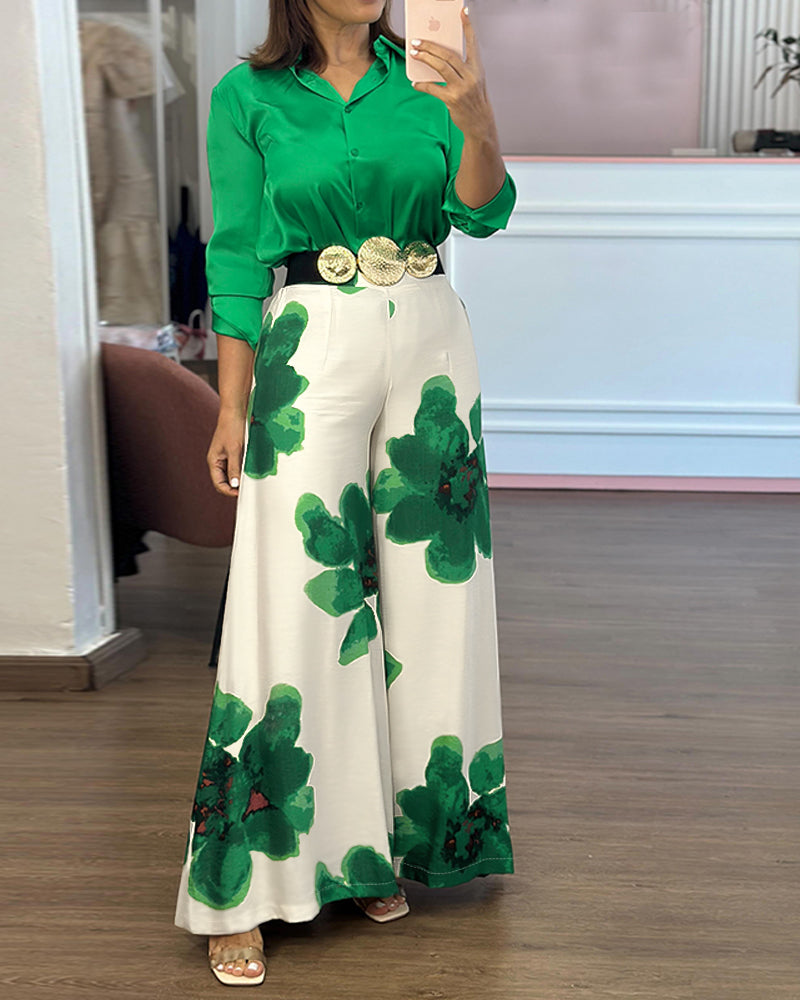 2 Pieces Outfit Long Sleeve Satin Blouse Casual Floral Print High Waist Wide Leg Pants Set