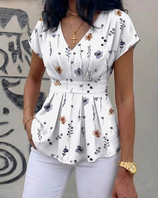 Watercolor Ditsy Floral Print V-Neck Short Sleeve Cinched Waist Blouse Casual Ruched Shoulder Shirred Back Waist Top