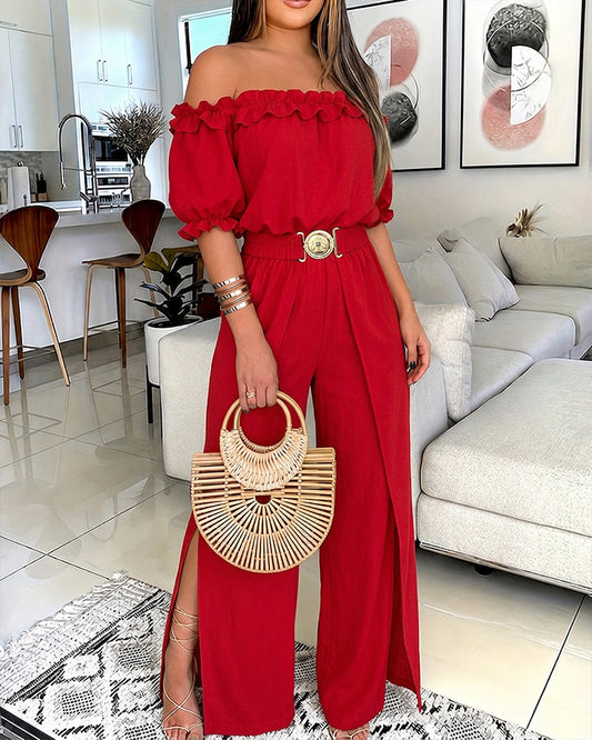 Women's Ruffle Off Shoulder Short Sleeve High Waist Split Wide Leg Jumpsuit with Belt