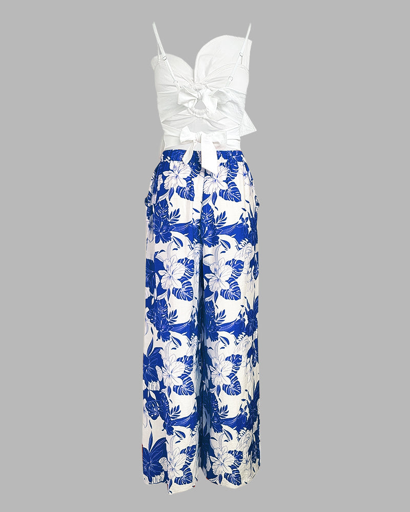 2 Pieces Outfit 3D Flower Decor Asymmetrical Neck Spaghetti Strap Top and Casual Floral Print Wide Leg Pants Set