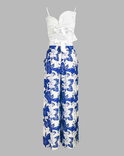 2 Pieces Outfit 3D Flower Decor Asymmetrical Neck Spaghetti Strap Top and Casual Floral Print Wide Leg Pants Set