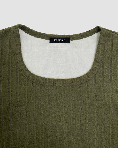 U-Neck Long Sleeve Ribbed Tops Fleece Lined Basic Layering Soft Thermal Tee (No Padding)