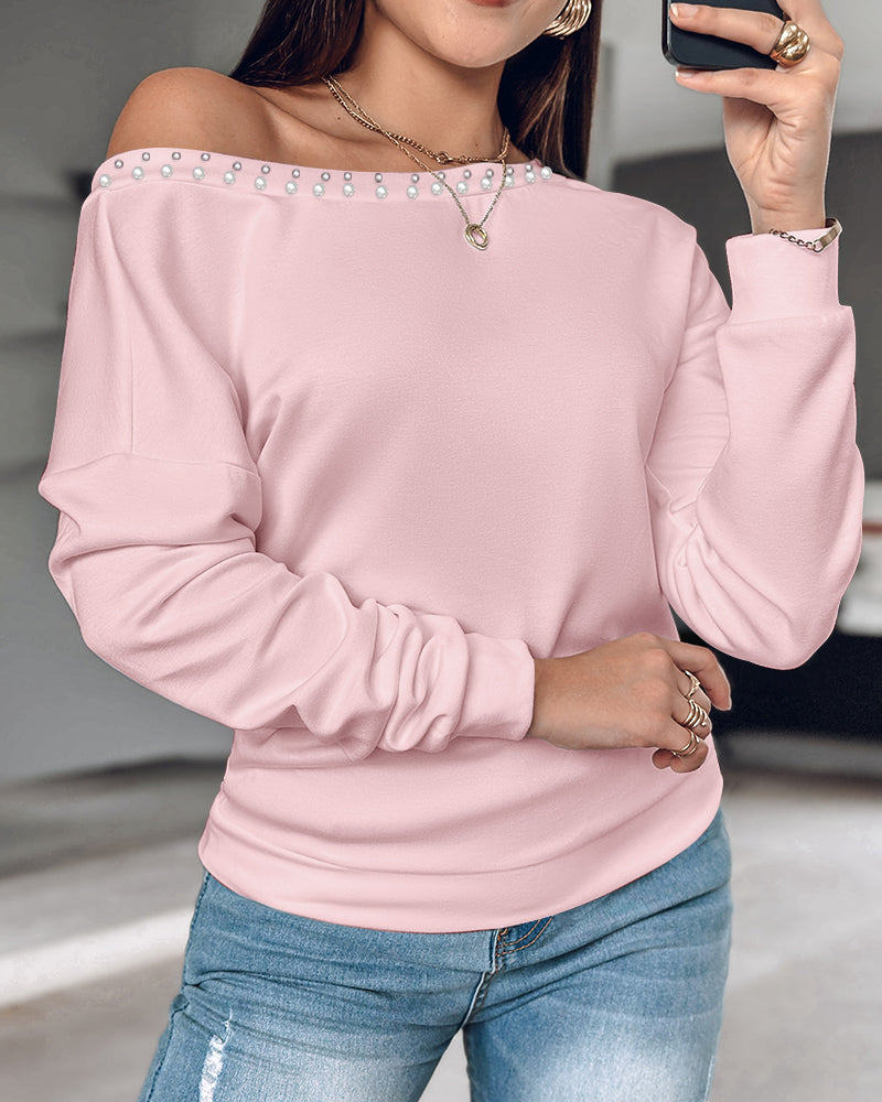 Pearls Decor Sheer Heart Pattern Mesh Spliced Tee Casual Drop Shoulder Long Sleeve Top