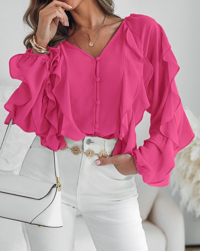 V Neck Shoulder Ruffles Design Blouse Casual Button Front Long Sleeve Top