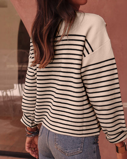 Women's Striped Knit Top Notch Neck Gold Button Drop Shoulder Long Sleeve Sweater