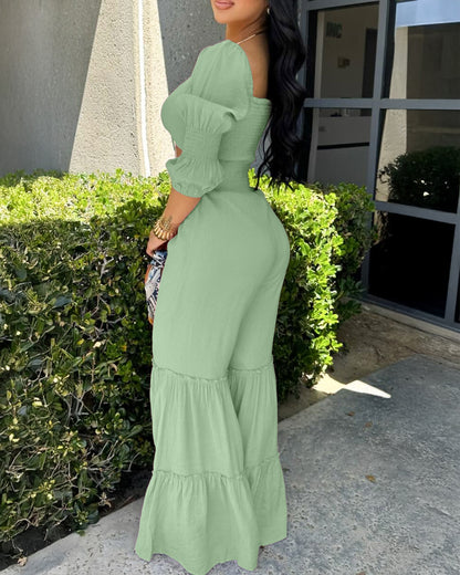 Square Neck Long Sleeve Drawstring  Shirred Jumpsuit