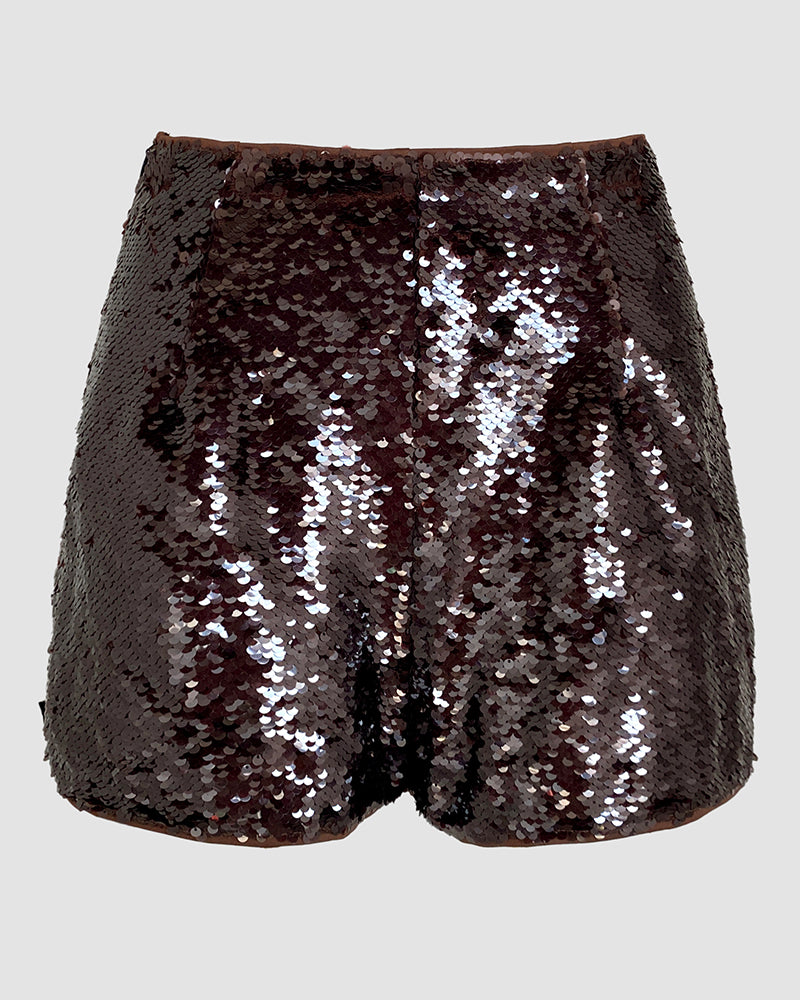 Allover Sequin Solid Zipper Side Fashion Versatile Shorts