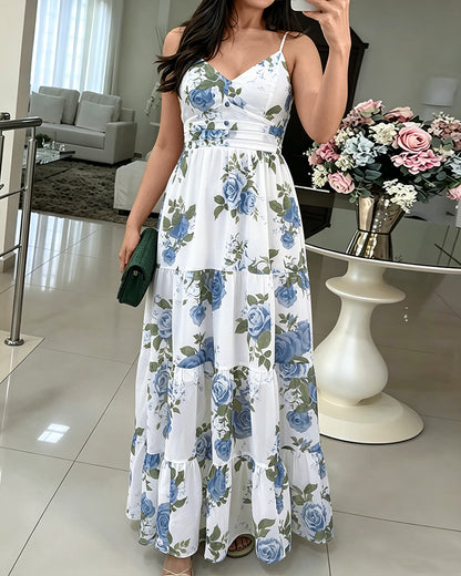 Women's Floral Print Maxi Dress Ruffle Hem Cami Dress V Neck Shirred Summer Vacation Boho Long Dress with Built-In Bra
