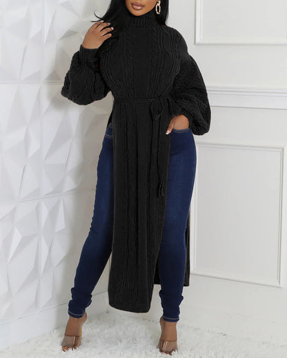 Cable Textured High Neck Lantern Sleeve Bow Tie Waist Sweater Casual High Slit Knit Longline Top