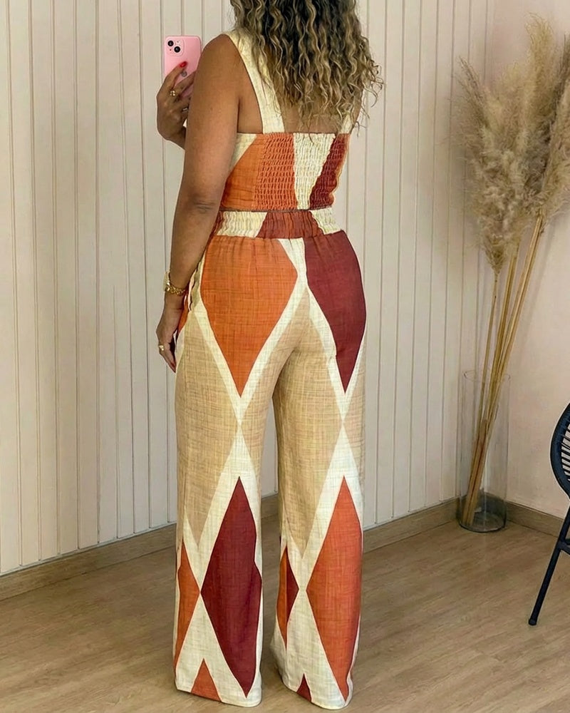 2 Pieces Outfit Square Neck Thick Strap Shirred Back Crop Tank Top and High Waist Elastic Back Waist Wide Leg Pants Set Casual Colorblock Geometric Print Vacation Set