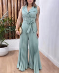Sleeveless Notched Collar Double Breasted Cinched Waist Overalls Casual Shirred Back Waist Pleated Wide Leg Jumpsuit with Belt