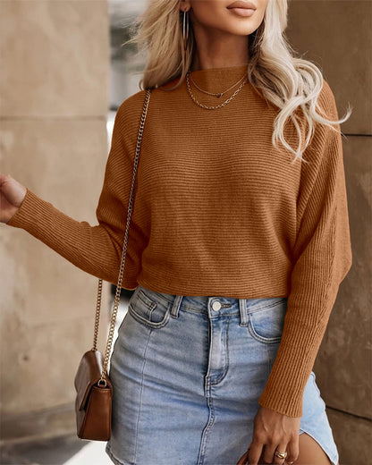 Women's Batwing Sleeve Knit Sweater Ribbed Boat Neck Crop Pullover Slouchy Top