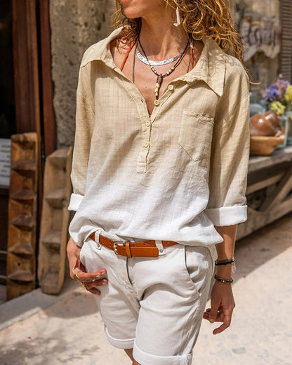 Ombre Turn-down Collar Roll Up Sleeve Half Button Front Shirt Casual Pocket Design Loose Fit Top