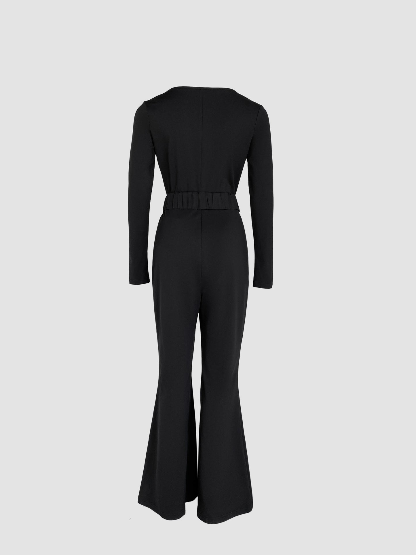 U-Neck Zipper Front Long Sleeve Slim Fit Flared Jumpsuit with Belt
