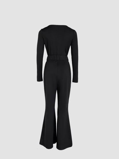 U-Neck Zipper Front Long Sleeve Slim Fit Flared Jumpsuit with Belt