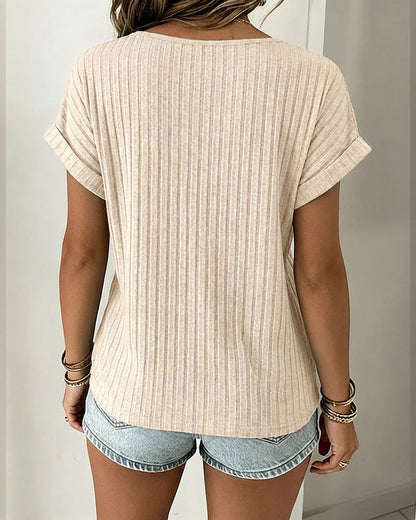 Lace Spliced Round Neck Rolled Cuffs Tee Casual Short Sleeve Ribbed Brushed Top