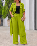 Women's 2 Piece Outfit Lapel Button Down Side Slit Longline Top and High Waisted Straight Leg Pants Set